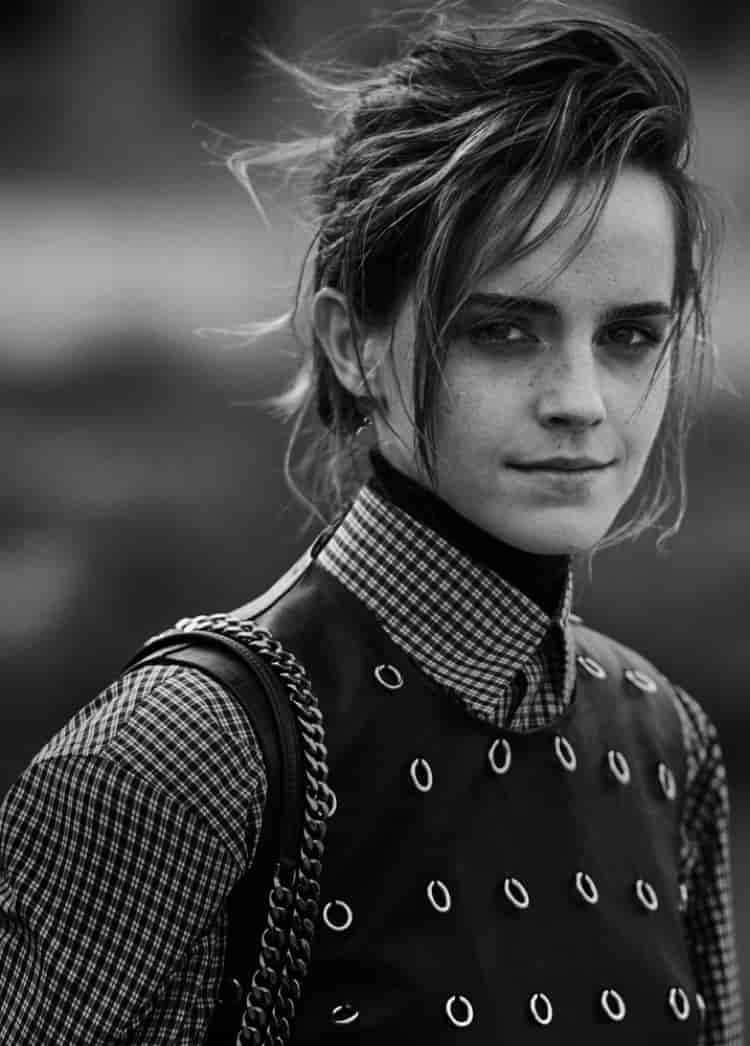 Actress Emma Watson gets her closeup in Stella McCartney dress and bag with Balenciaga shirt