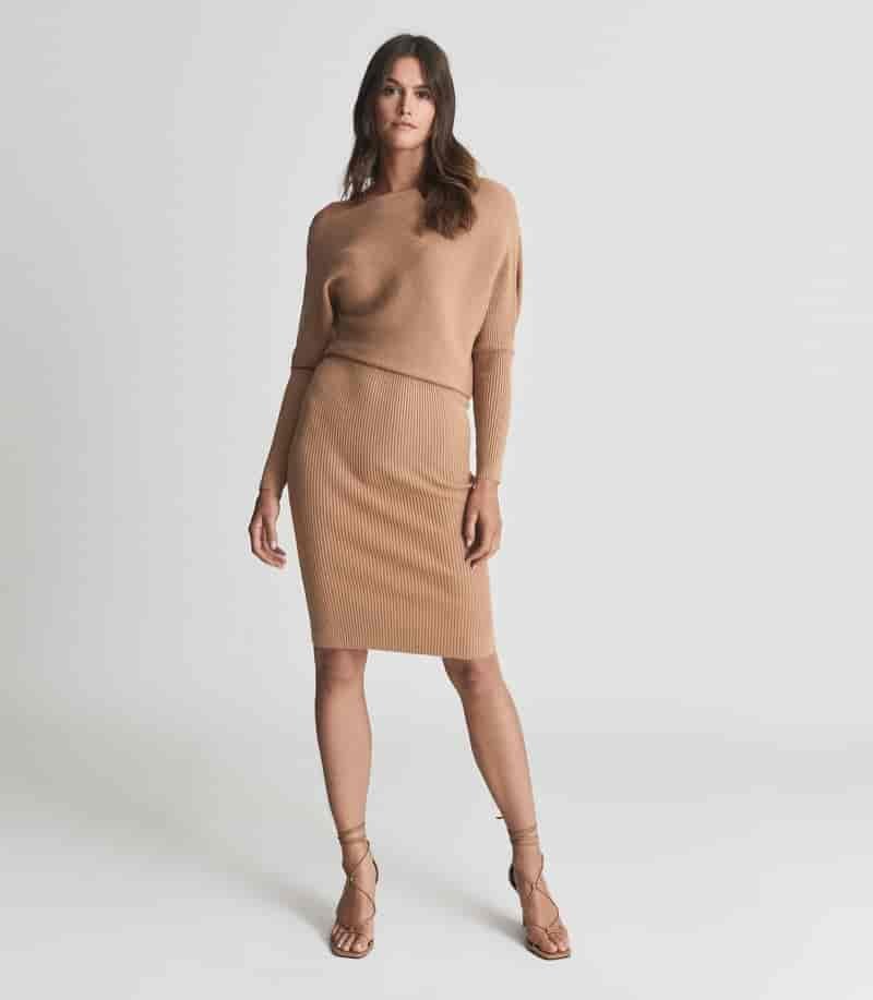 Reiss Lara Off-the-Shoulder Knitted Dress in Camel $320