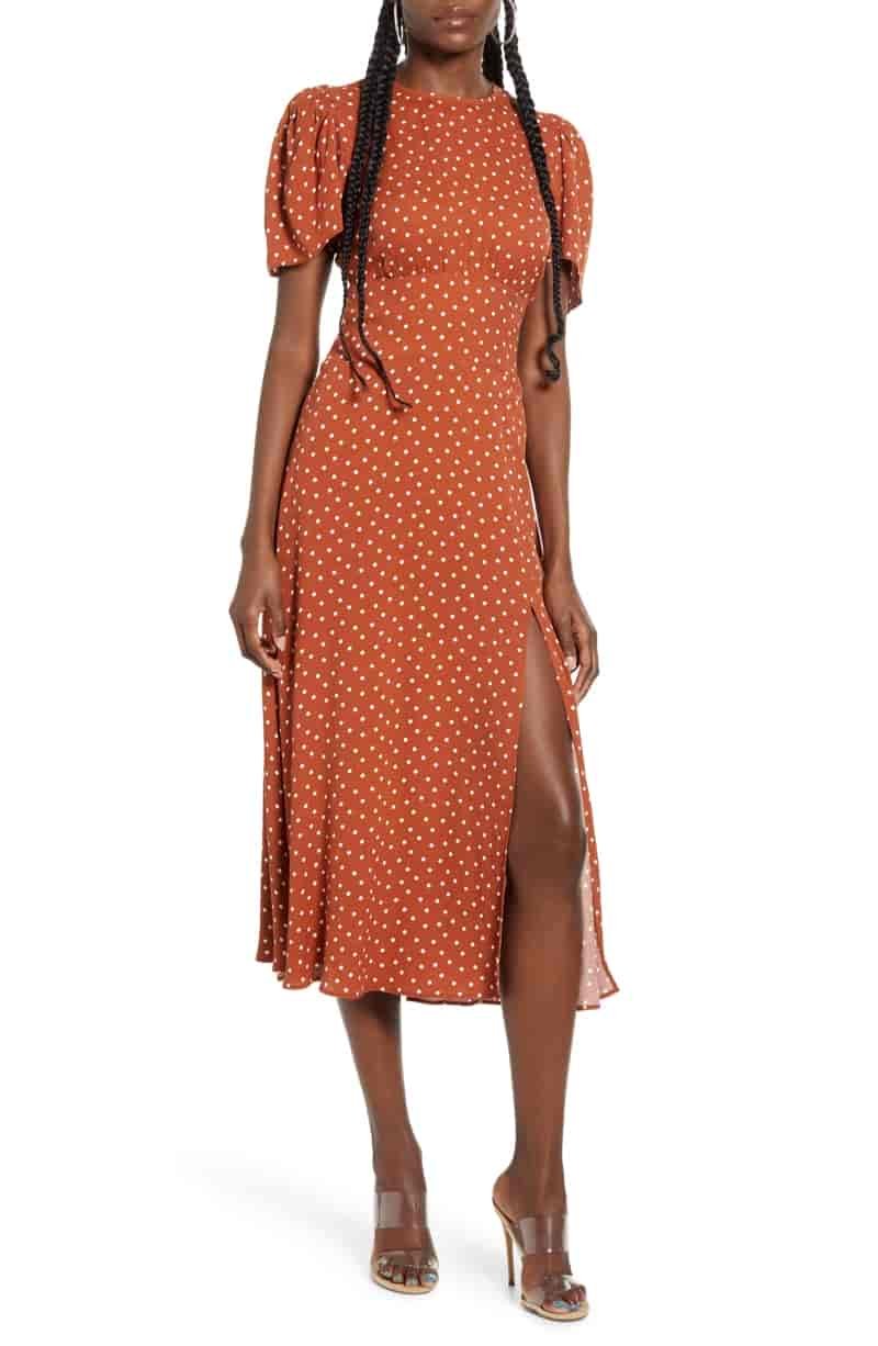 AFRM Jamie Print Open Back Short Sleeve Dress in Ginger Polka Dot $40.05 (previously $89)