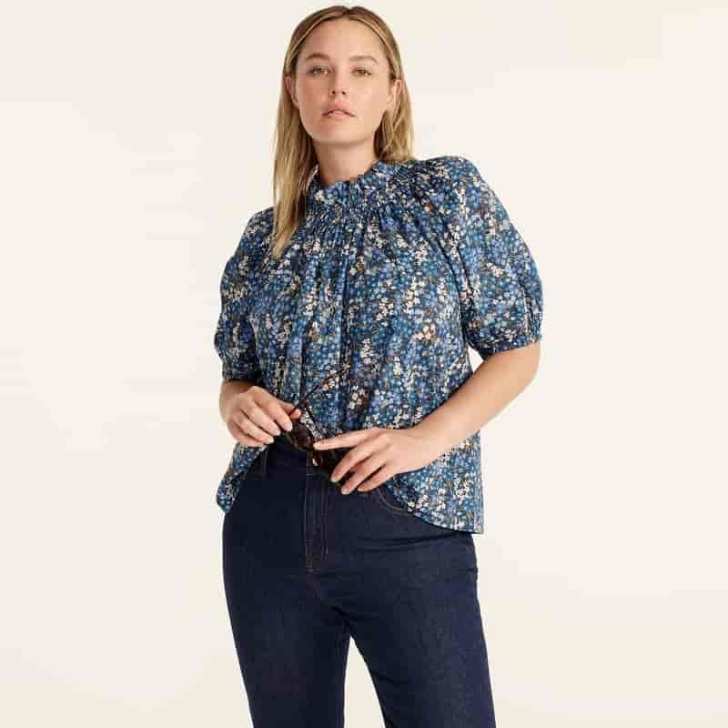 J. Crew Smocked Neck Puff-Sleeve Top in Liberty Sea Blossoms $128