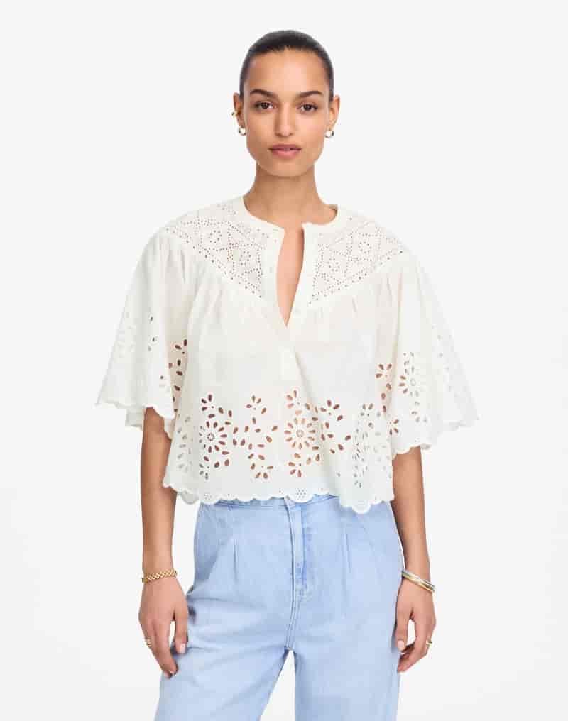 Madewell Embroidered Shirred Henley Top $98