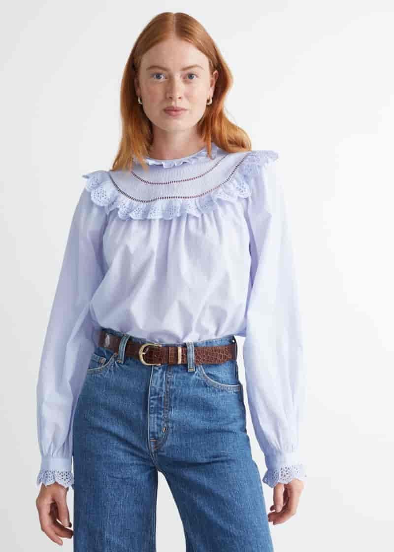 & Other Stories A-Line Ruffle Embroidery Blouse in Light Blue $89