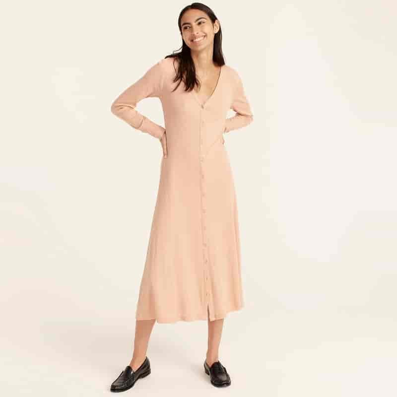 J. Crew Ribbed Button-Front Knit Dress in Luxury Camel $98