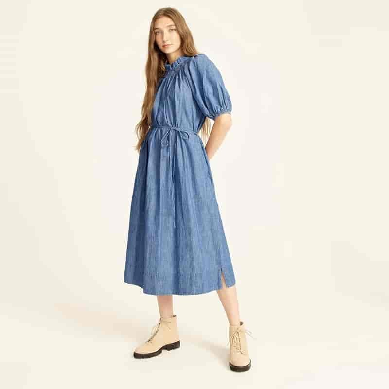 J. Crew Smocked-Neck Puff-Sleeve Dress in Chambray $148