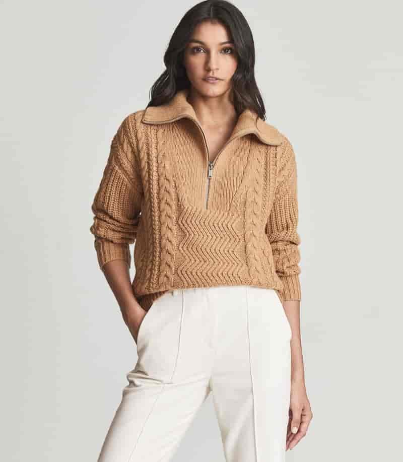 Reiss Alexis Cable Knit Zip Neck Jumper in Camel $152 (previously $320)