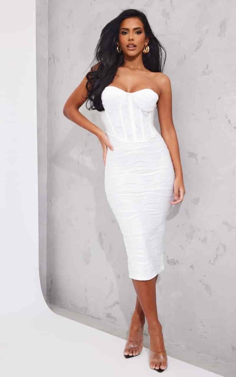 PrettyLittleThing White Crinkle Corset Detail Bandeau Bodycon Dress