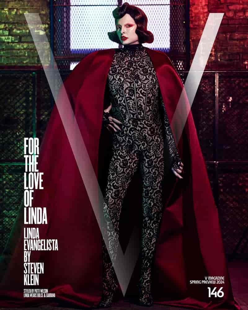 Supermodel Linda Evangelista shows off Dolce & Gabbana look for V Magazine Spring Preview 2024 cover.