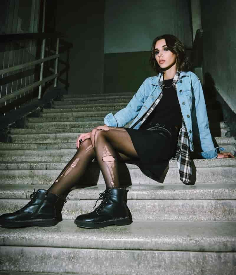 Grunge Look Boots Skirt Jean Jacket