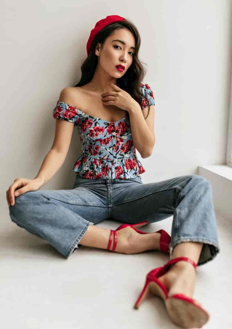 French Floral Top Jeans Soft Girl Outfit