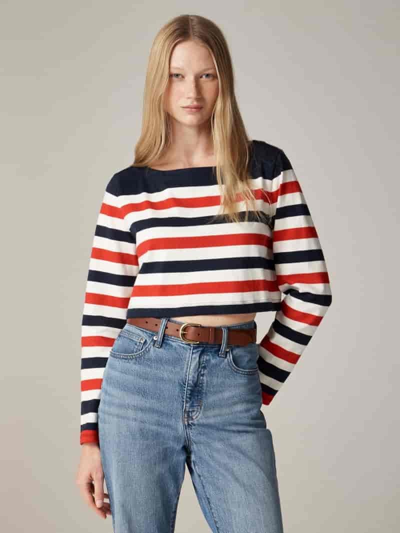 J. Crew embraces stripes with Ultra-cropped mariner cotton boatneck T-shirt and High-rise flare jeans in 1996 semi-stretch.