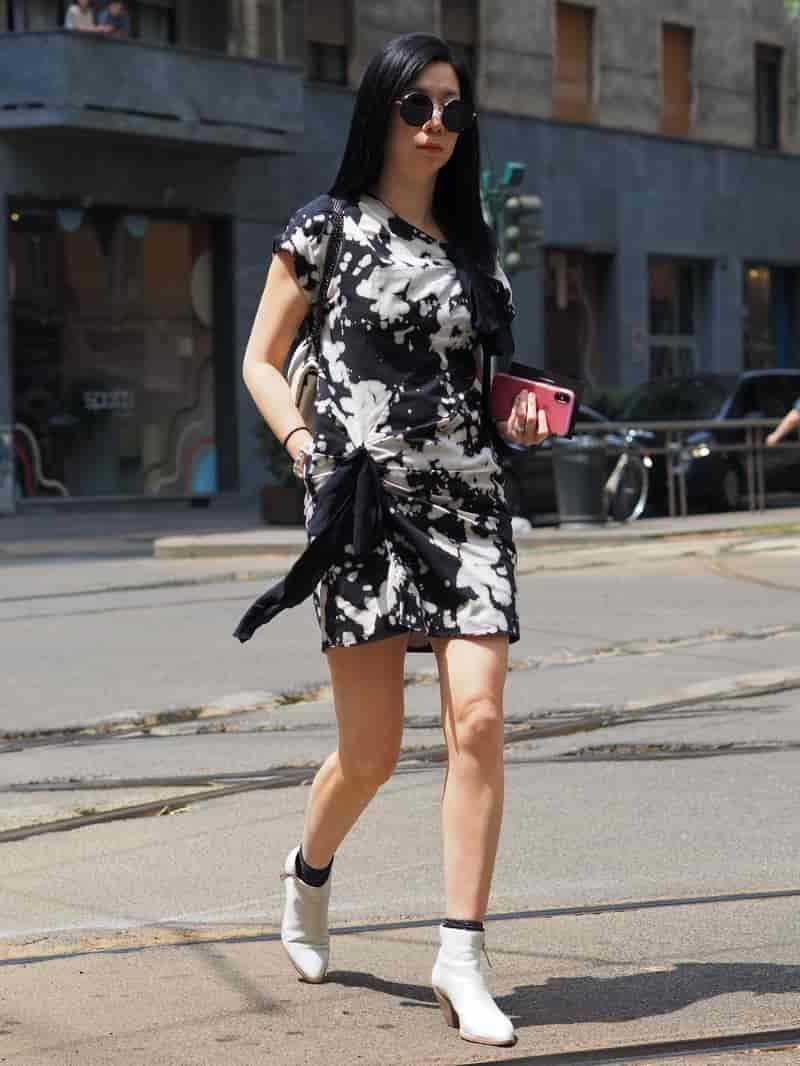 Printed Midi Dress White Ankle Boots