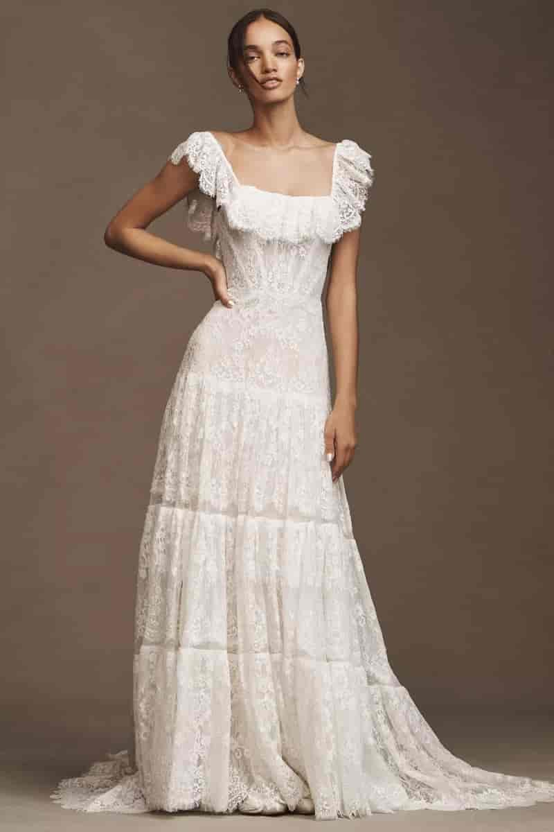 RISH Lauren Square-Neck A-Line Tiered Lace Wedding Gown $1,895