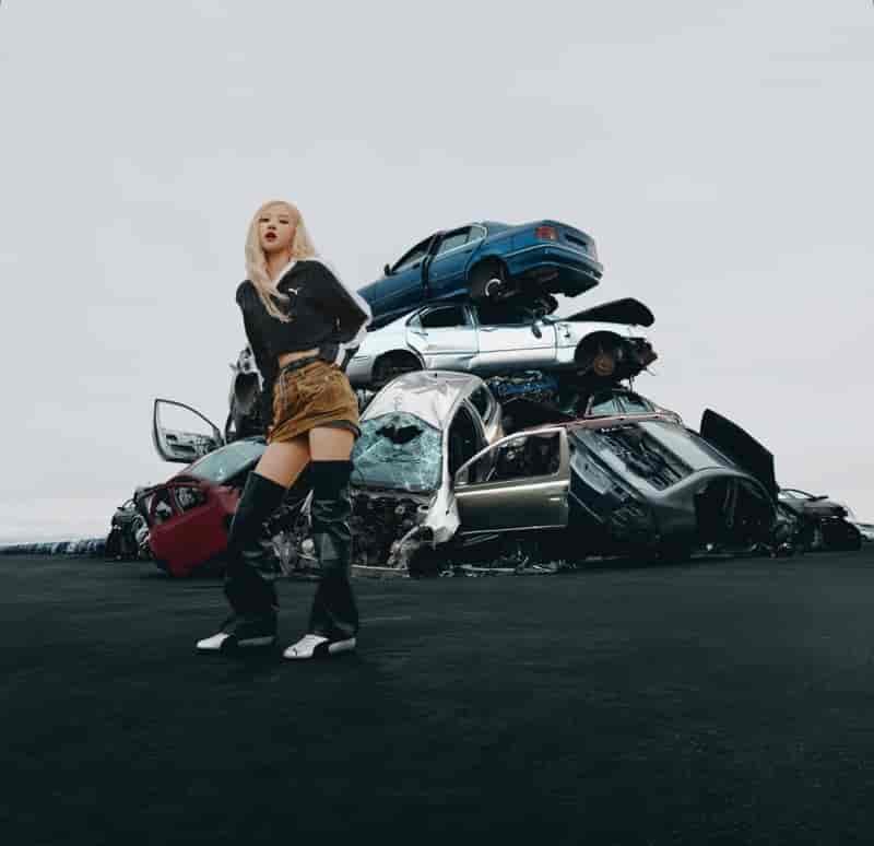 Rosé poses in the PUMA metallic Speedcat campaign.