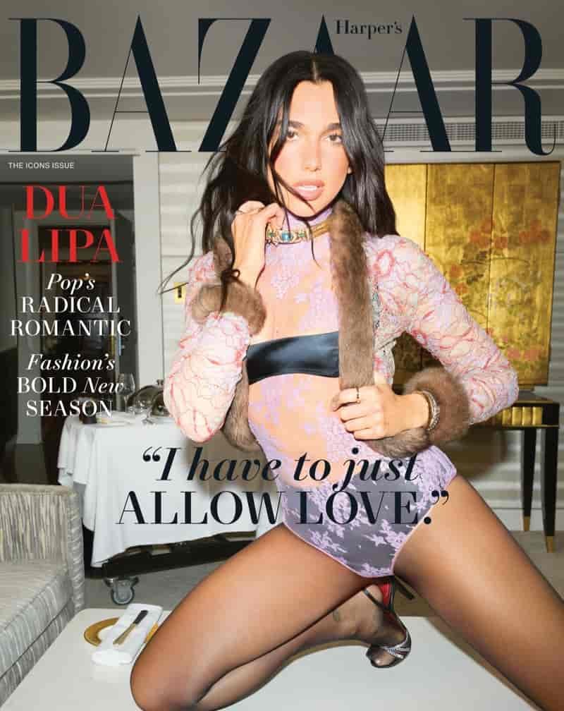 Dua Lipa poses on Harper's Bazaar US September 2025 cover.