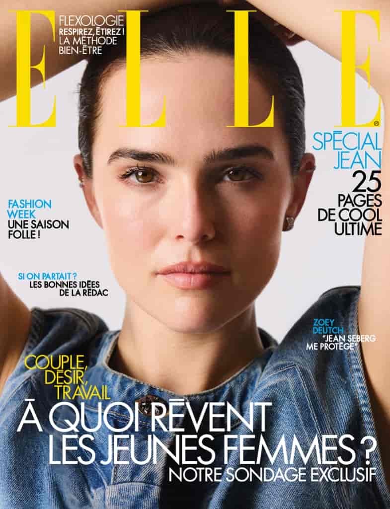 Zoey Deutch poses on ELLE France October 2025 cover. 