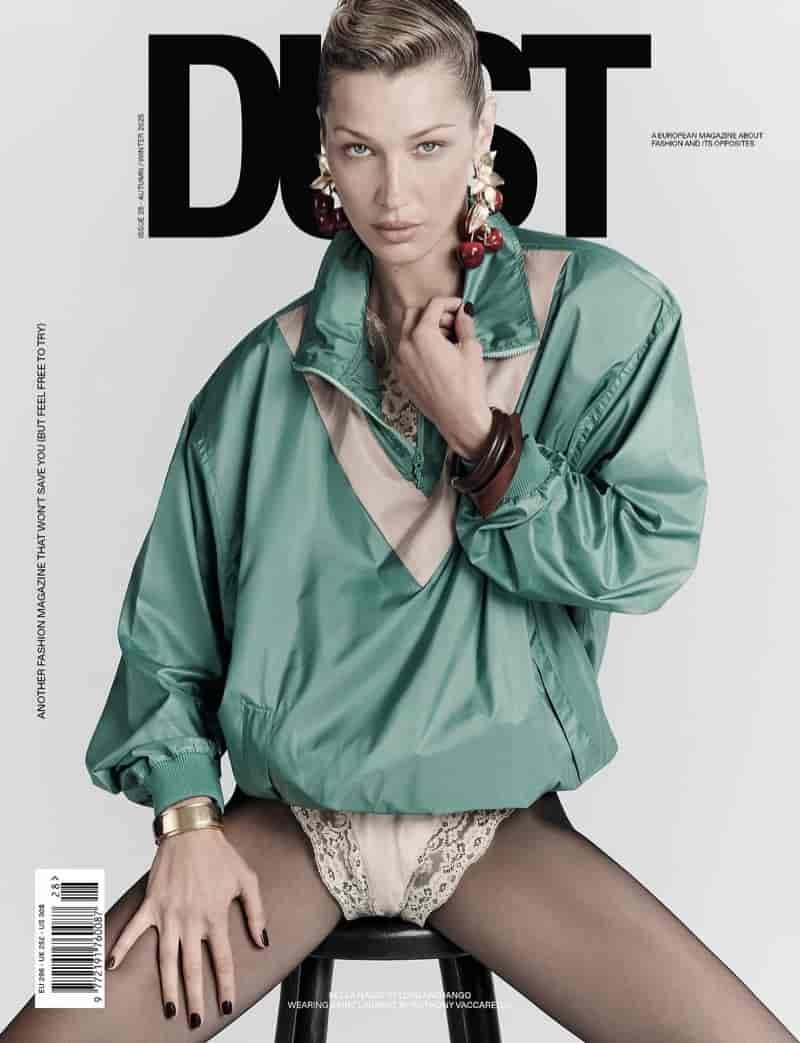 Bella Hadid wears Saint Laurent on Dust Magazine's Winter 2025/Spring 2026 cover.