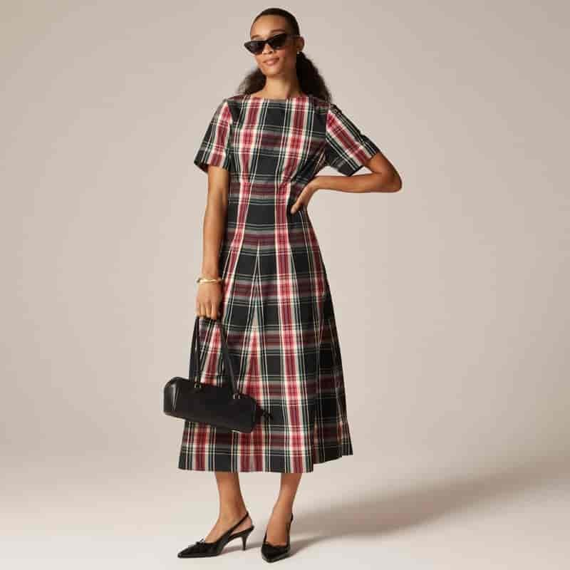 J. Crew Short sleeve Midi Dress in Tartan Cotton Blend