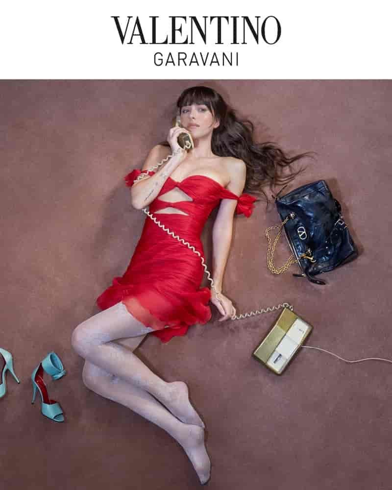 Dakota Johnson poses in Valentino's cruise 2026 campaign.