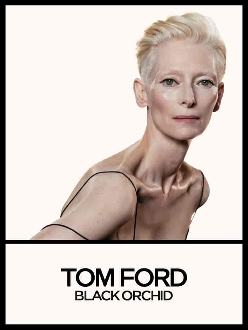 Actress Tilda Swinton fronts the Tom Ford Black Orchid Reserve campaign.